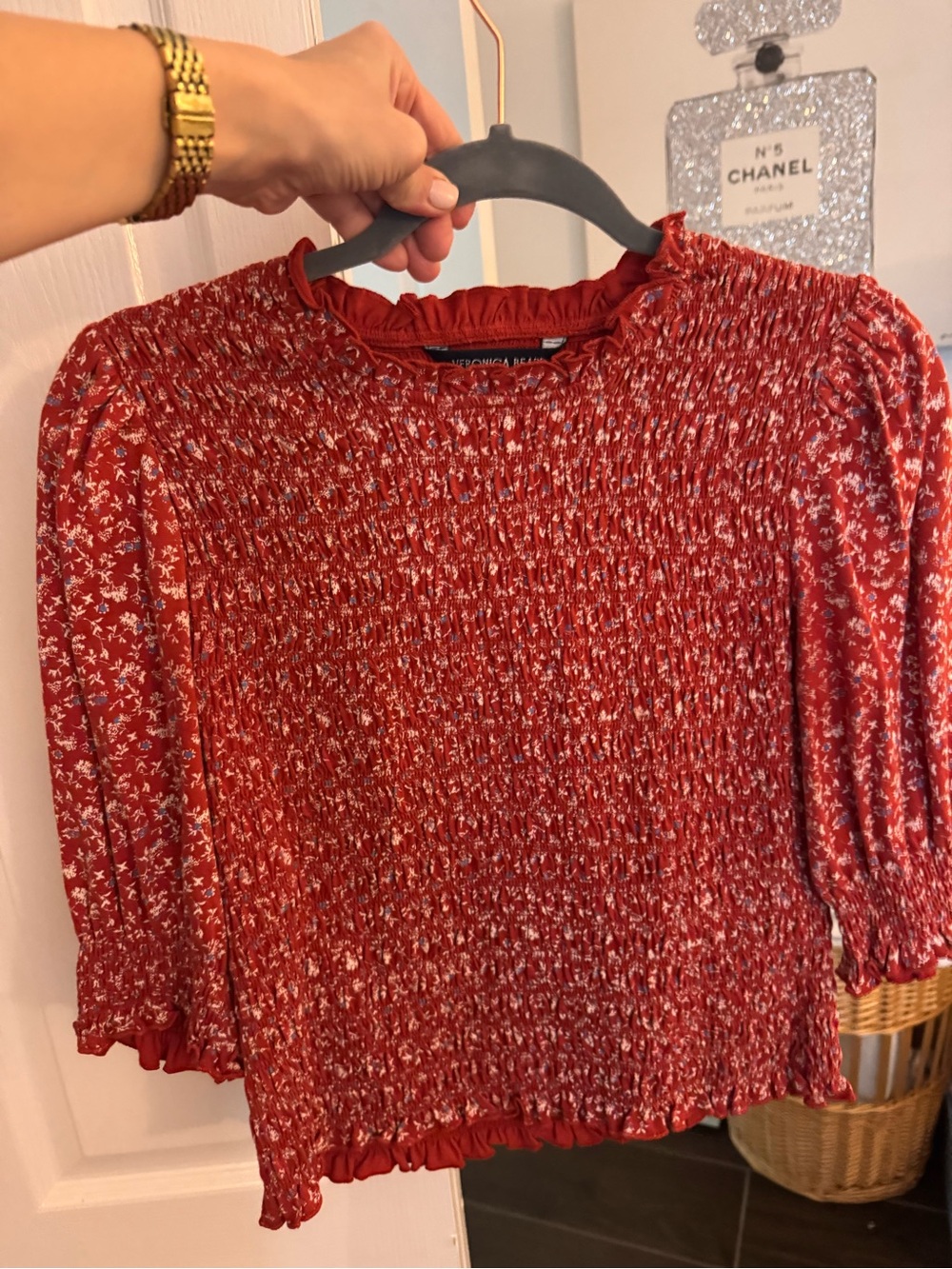 Veronica Beard Red Floral Smocked Blouse